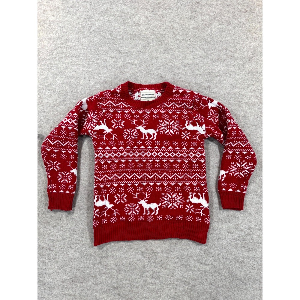Stitch & Stone Sweater Kids 4T Red Reindeer Fair Isle Holiday Cotton Crew Neck